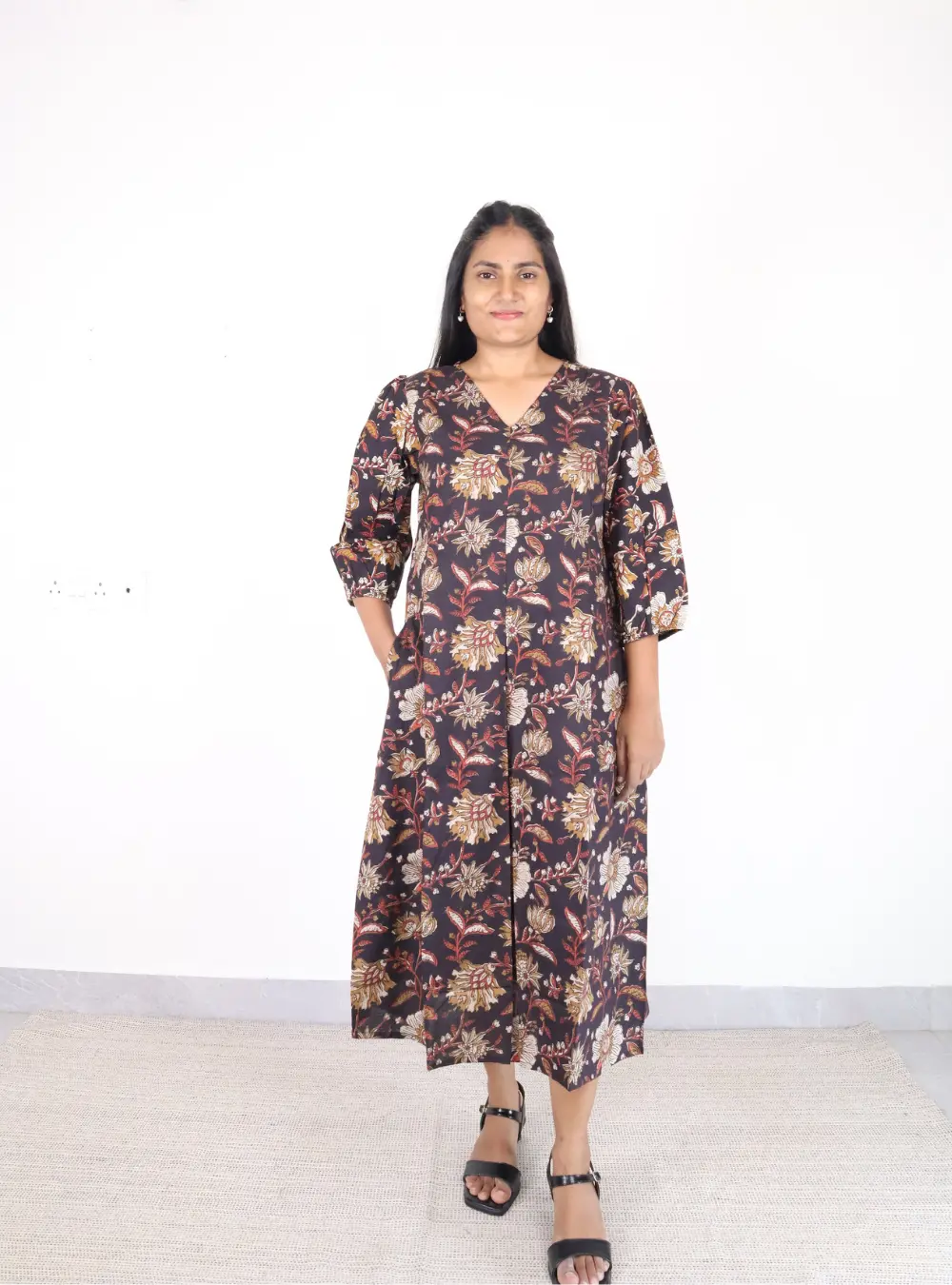 black coloured dabu print cotton dress