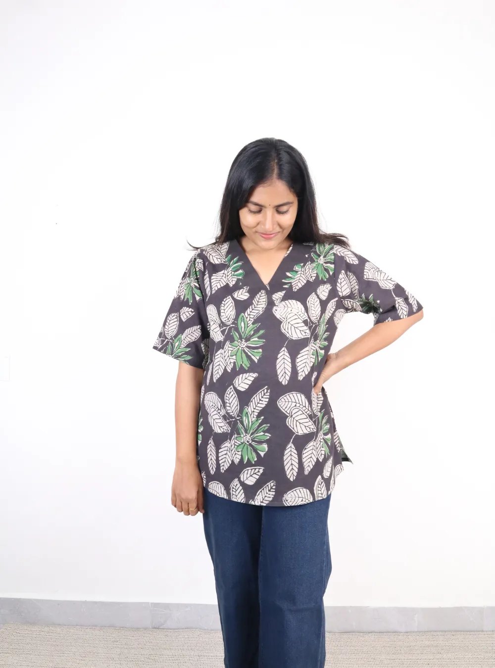 black coloured floral print short kurti