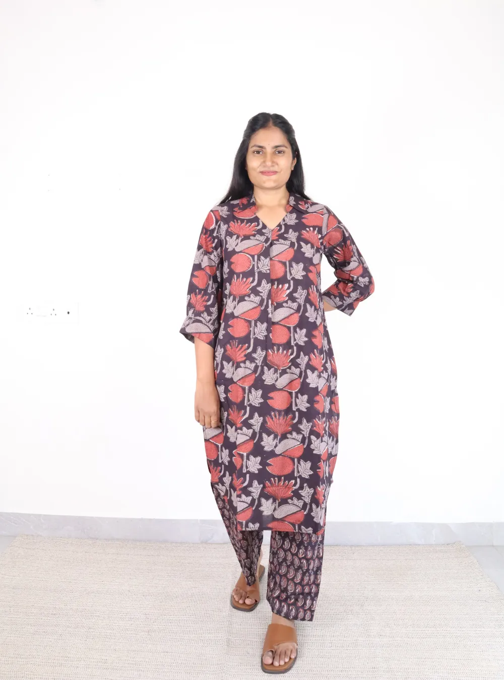 black coloured lotus print collared kurta set