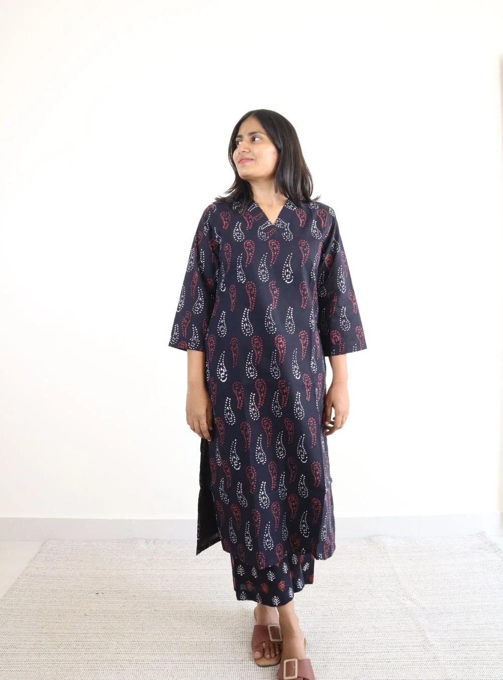 black coloured printed cotton kurta set