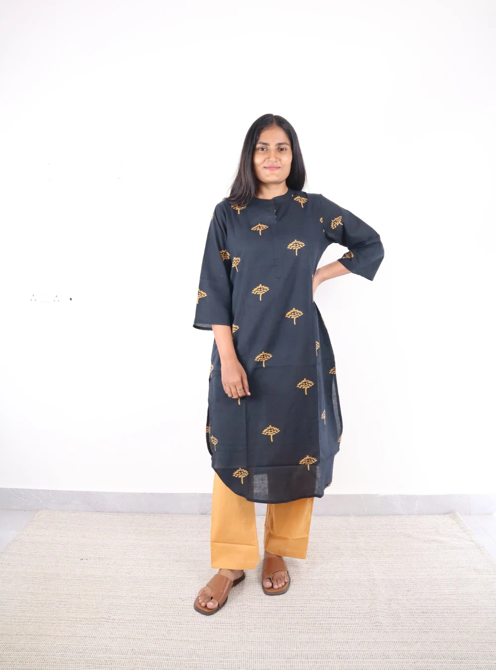 black coloured printed cotton kurta set