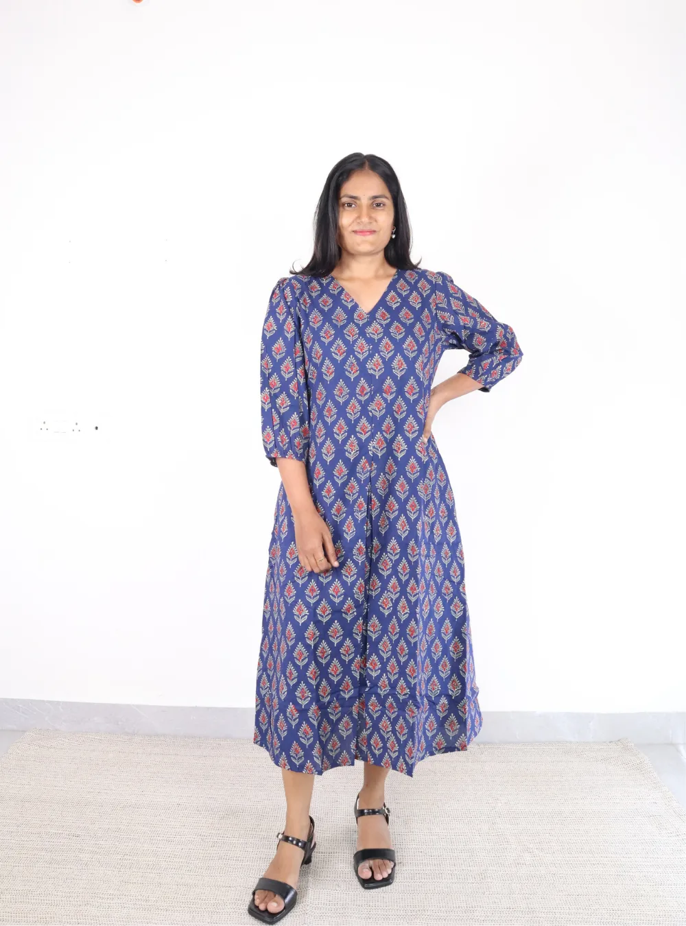 blue coloured block print cotton dress