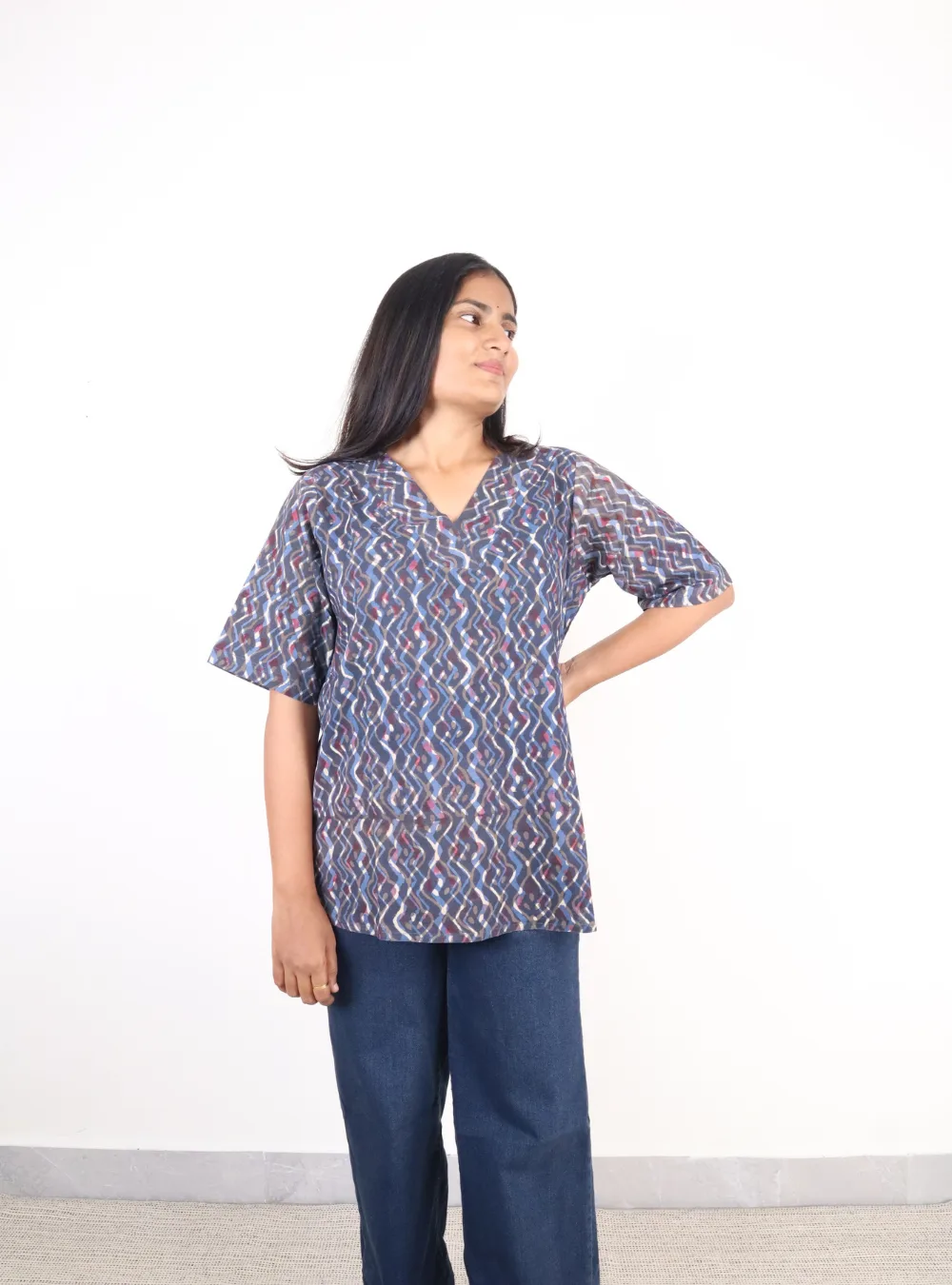 blue coloured multicolor printed short kurti