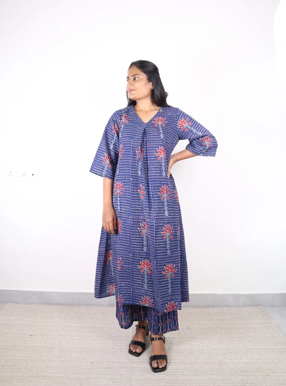 blue coloured printed cotton kurta set