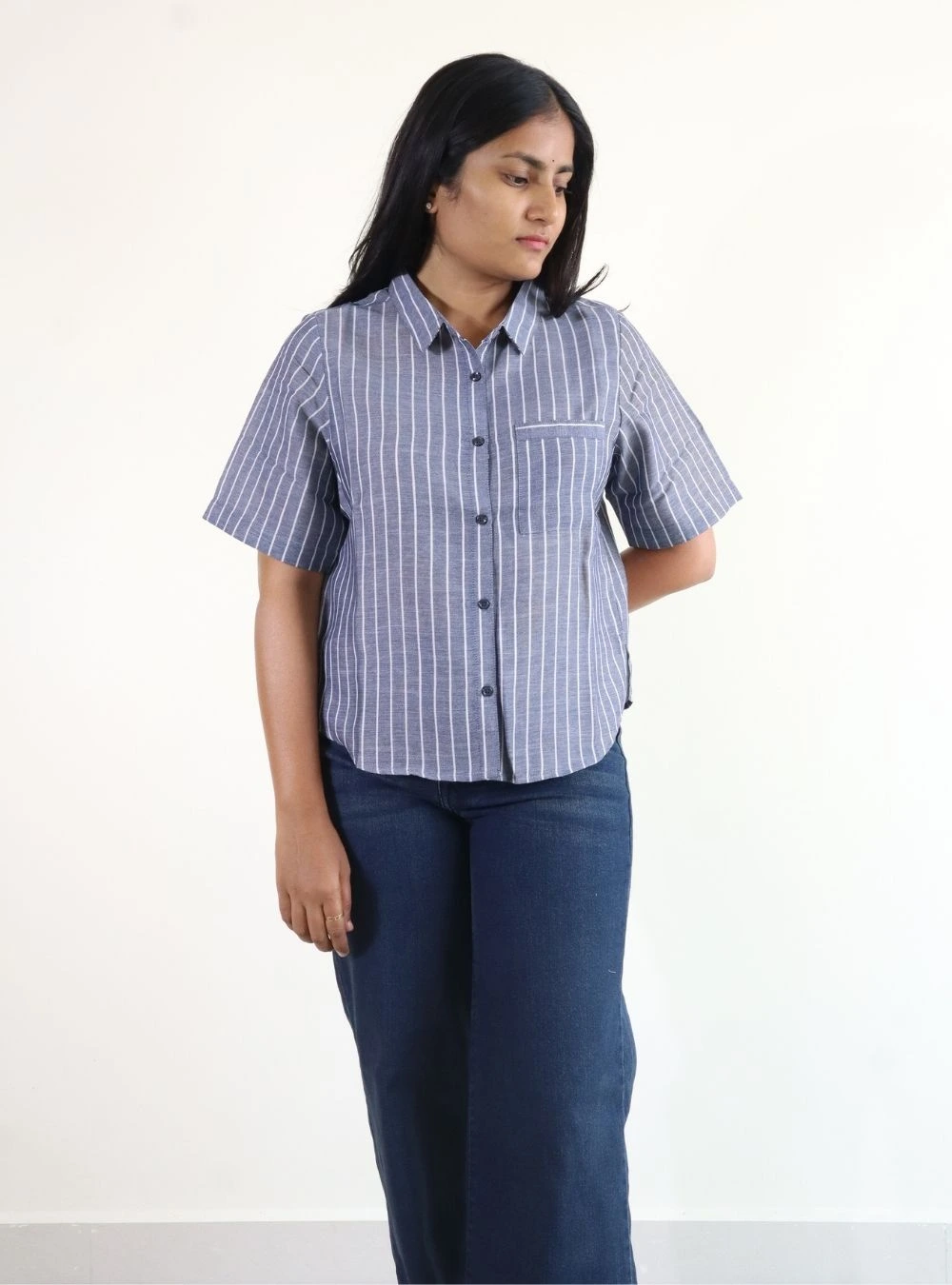 blue coloured striped mid length shirt