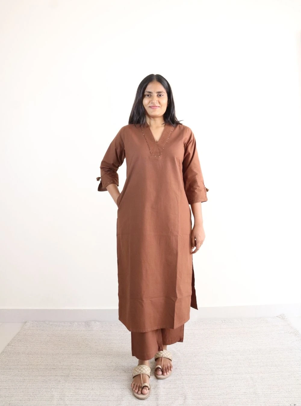 chocolate coloured solid kurta set