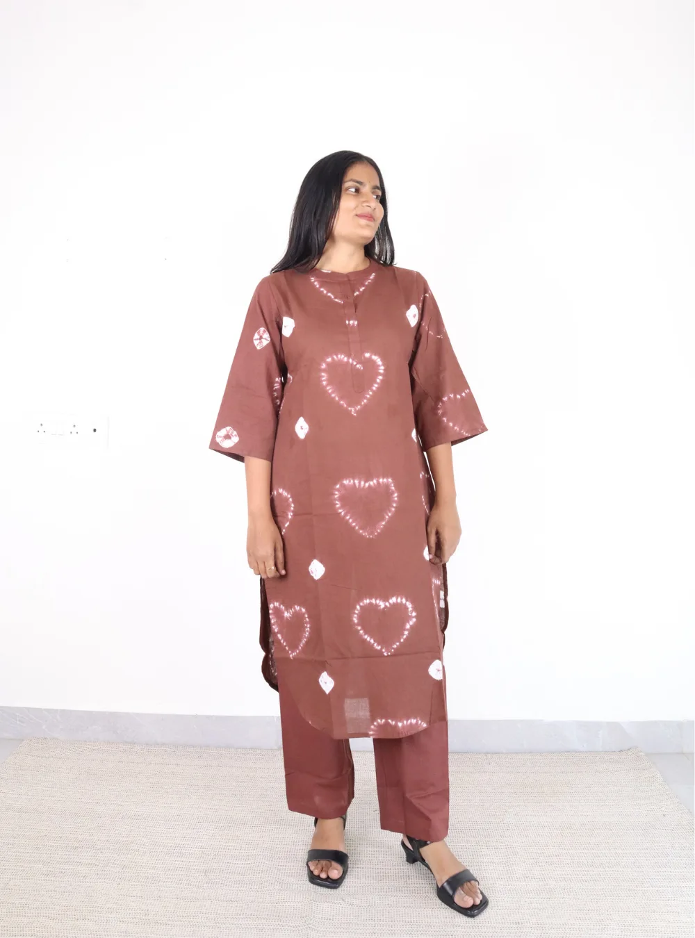 chocolate coloured bandhani kurta set