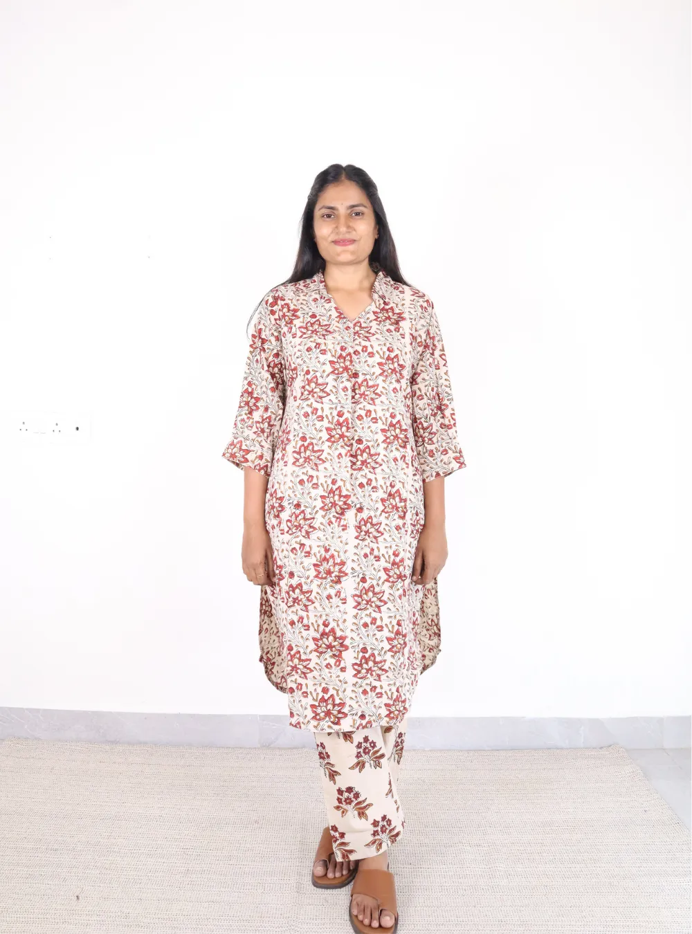 cream coloured block print floral kurta set