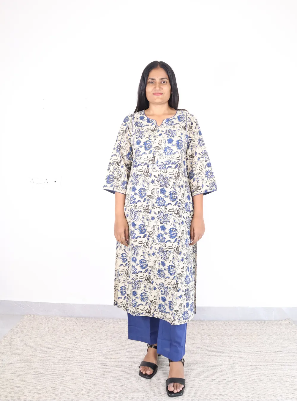 cream coloured blue floral print kurta set