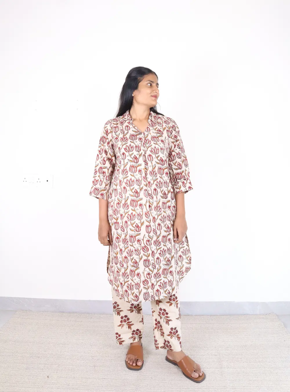 cream coloured lotus print kurta set