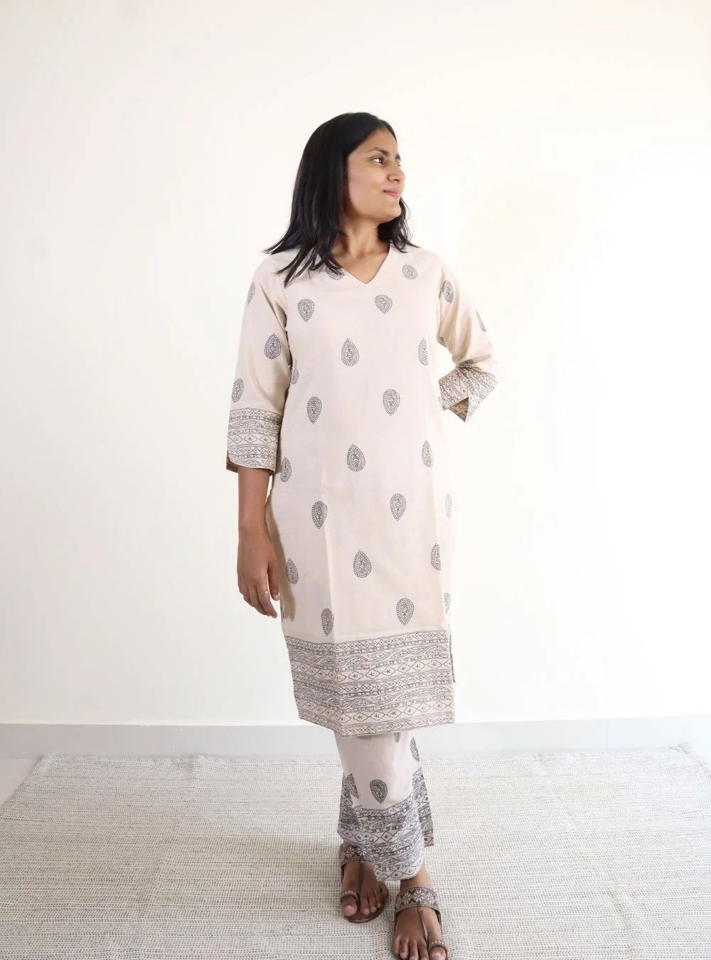 cream coloured printed cotton kurta set