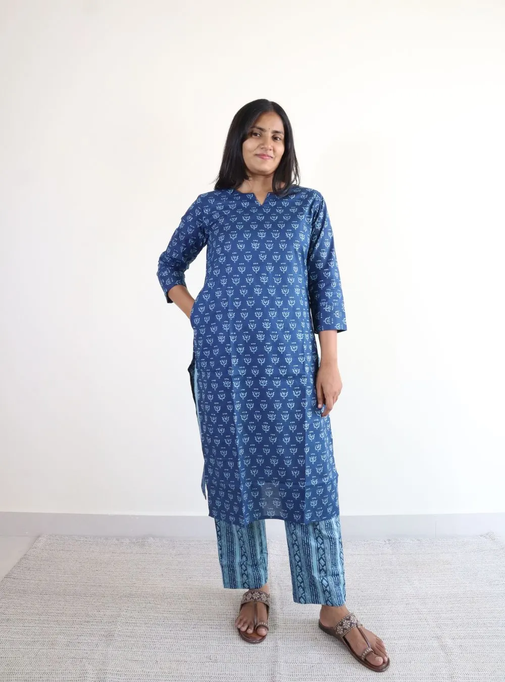 dark blue coloured printed cotton kurta set