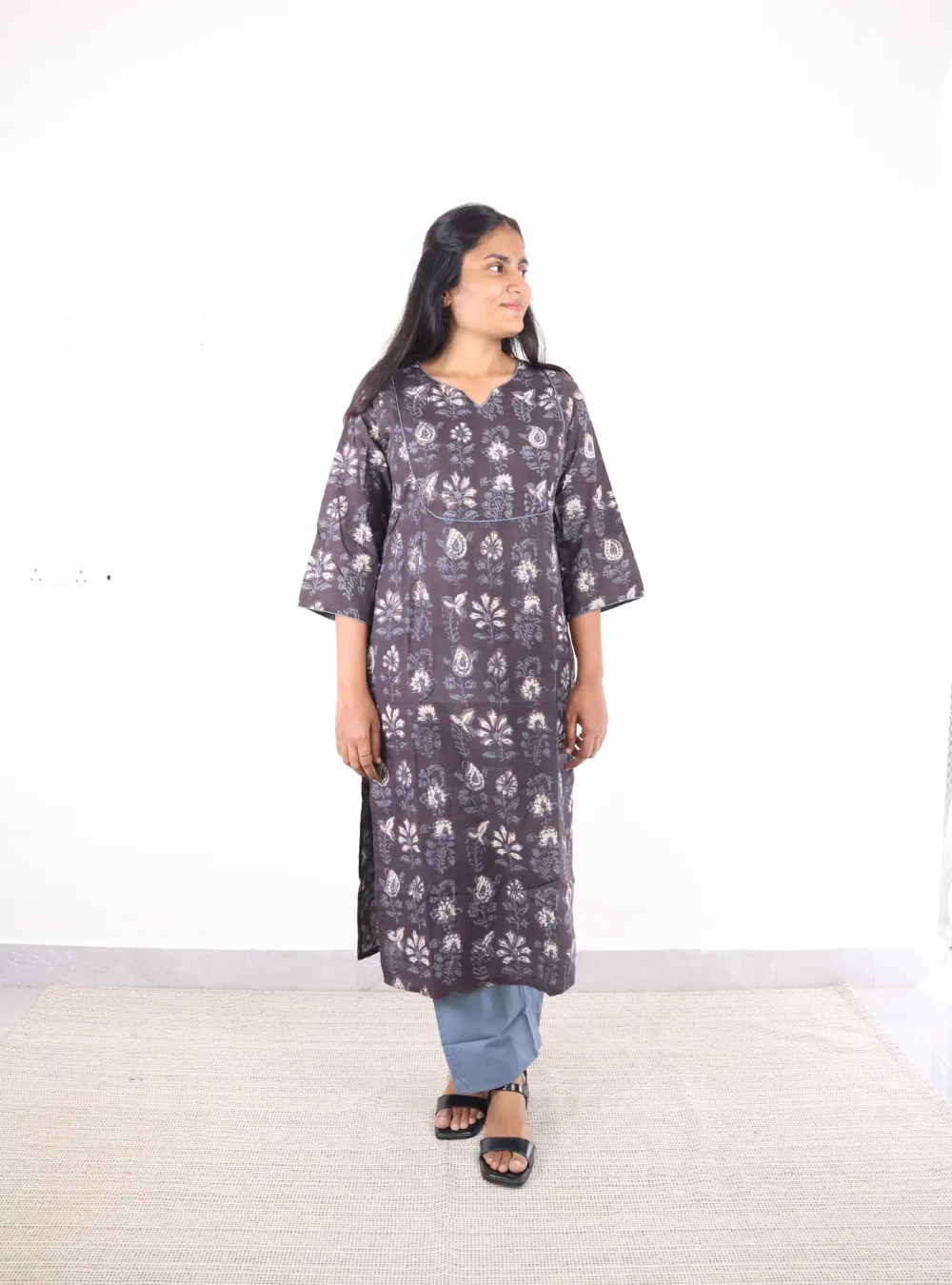 dark grey coloured floral print kurta set