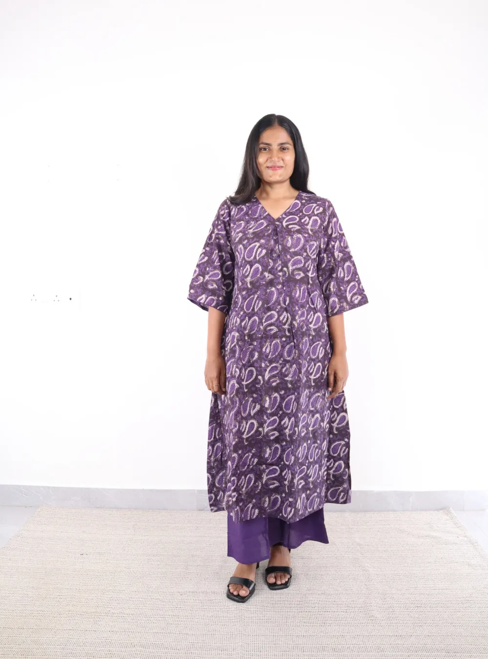 dark violet coloured printed cotton kurta set