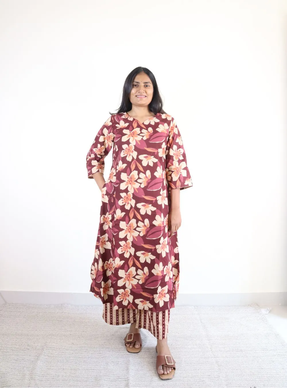 dark wine coloured floral a line kurta set