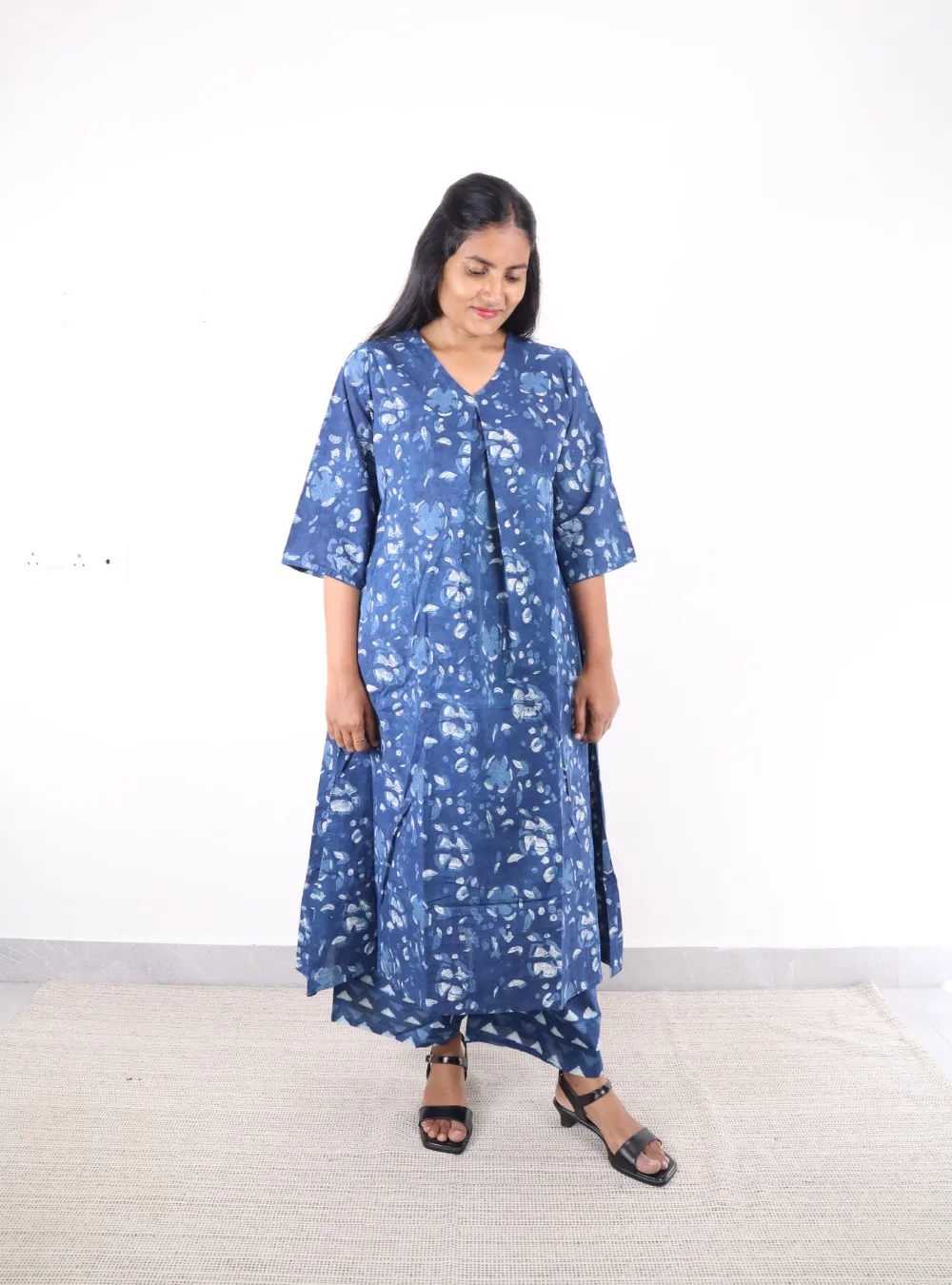 indigo coloured floral print kurta set