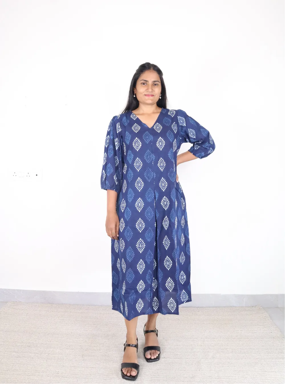 indigo coloured printed cotton dress