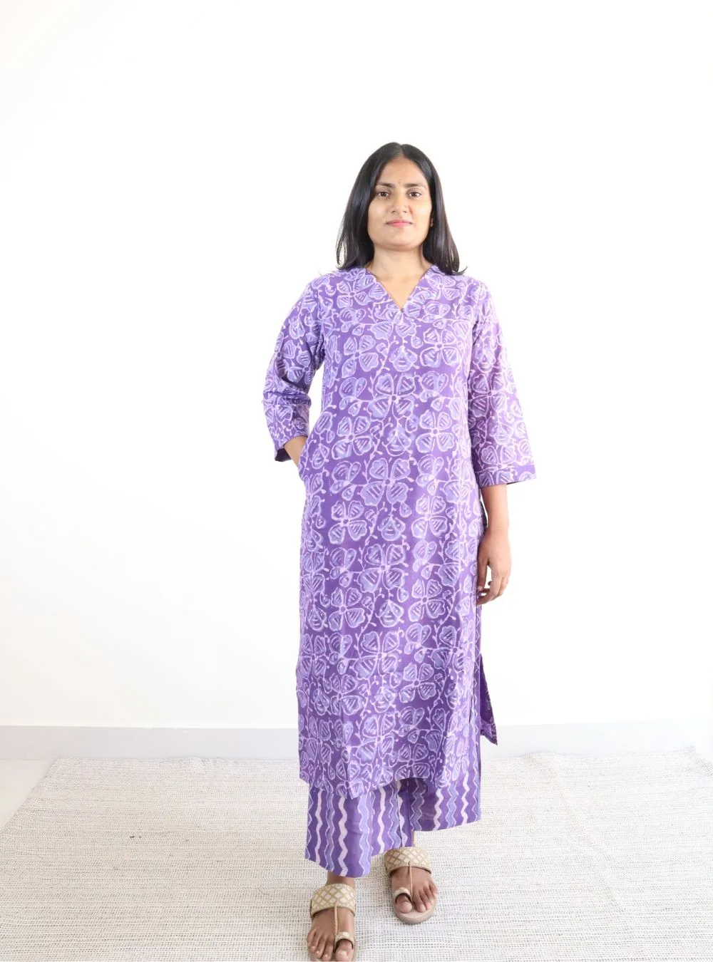lavendar coloured printed cotton kurta set