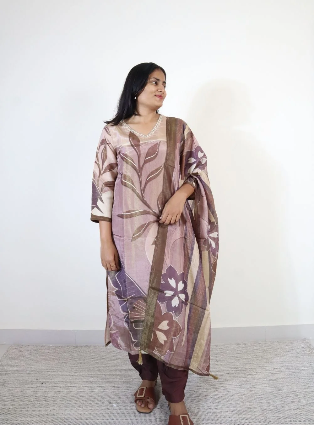 light brown coloured printed kurta set