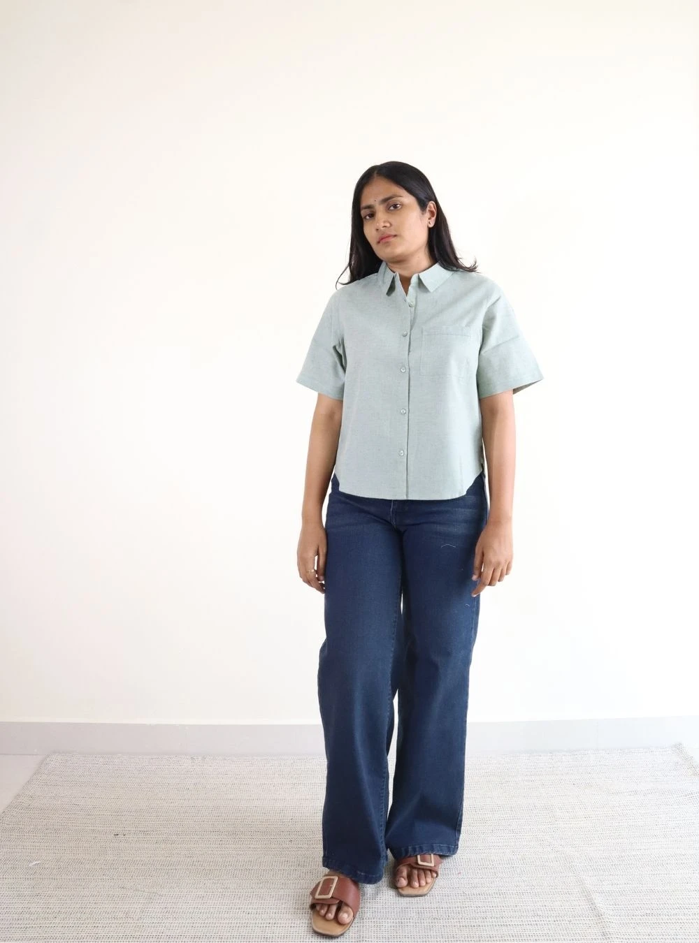 light green coloured mid cropped solid shirt