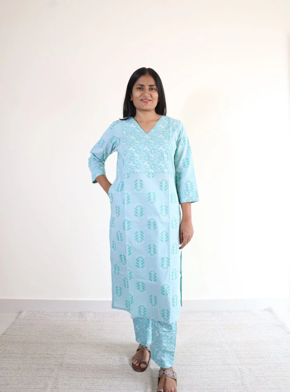 light green coloured printed cotton kurta set