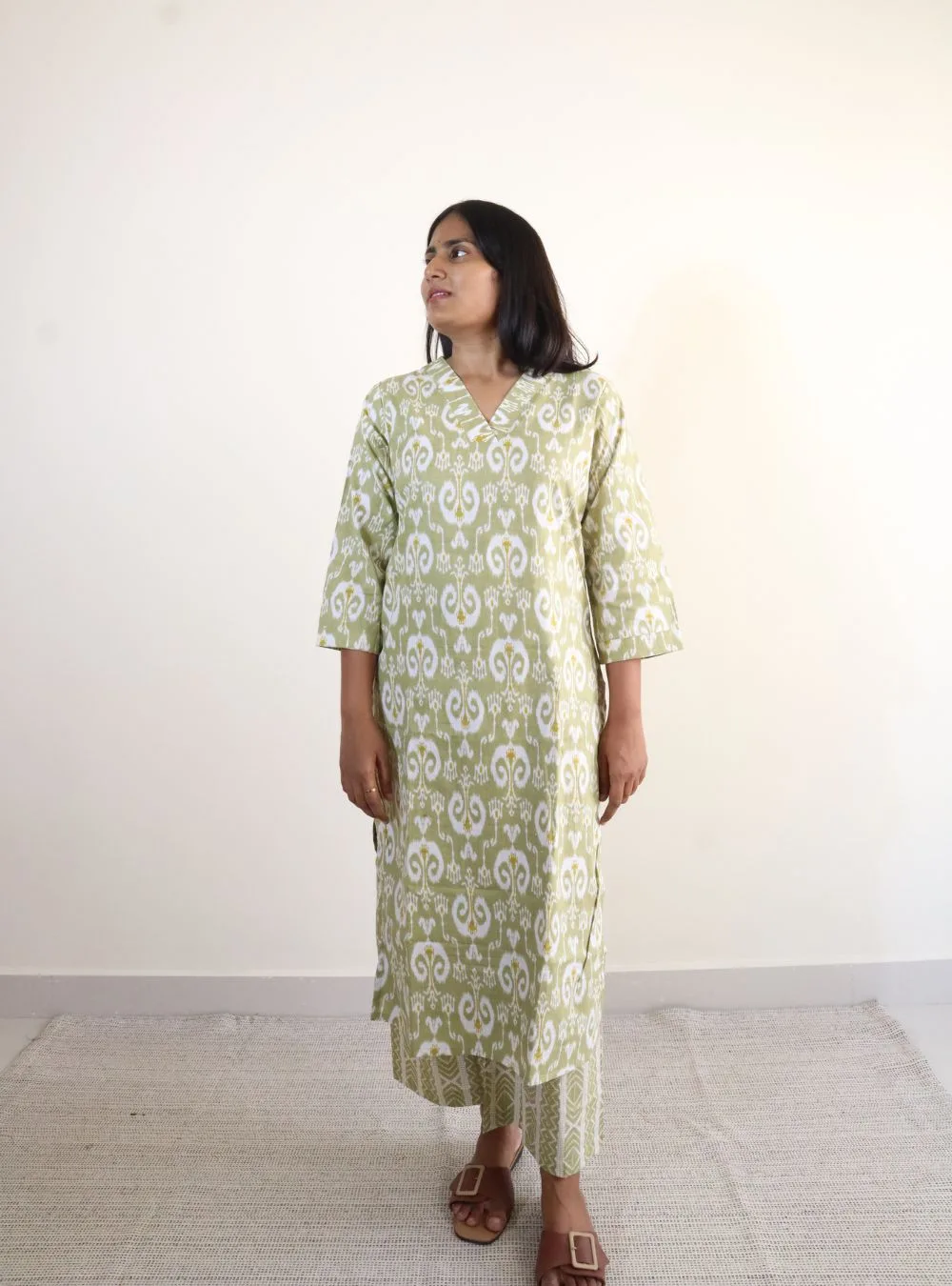 light green coloured printed cotton kurta set