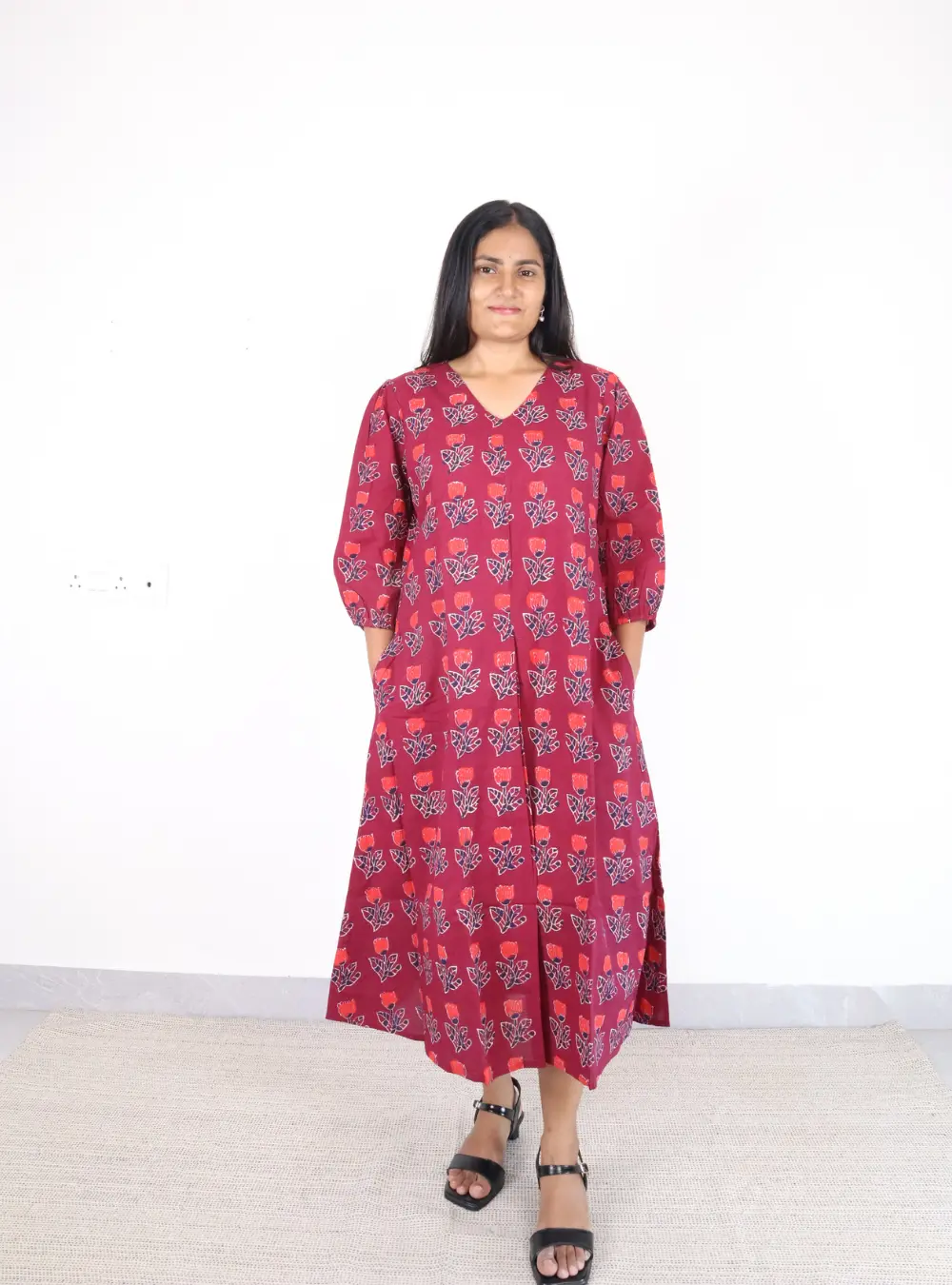 maroon coloured block print cotton dress
