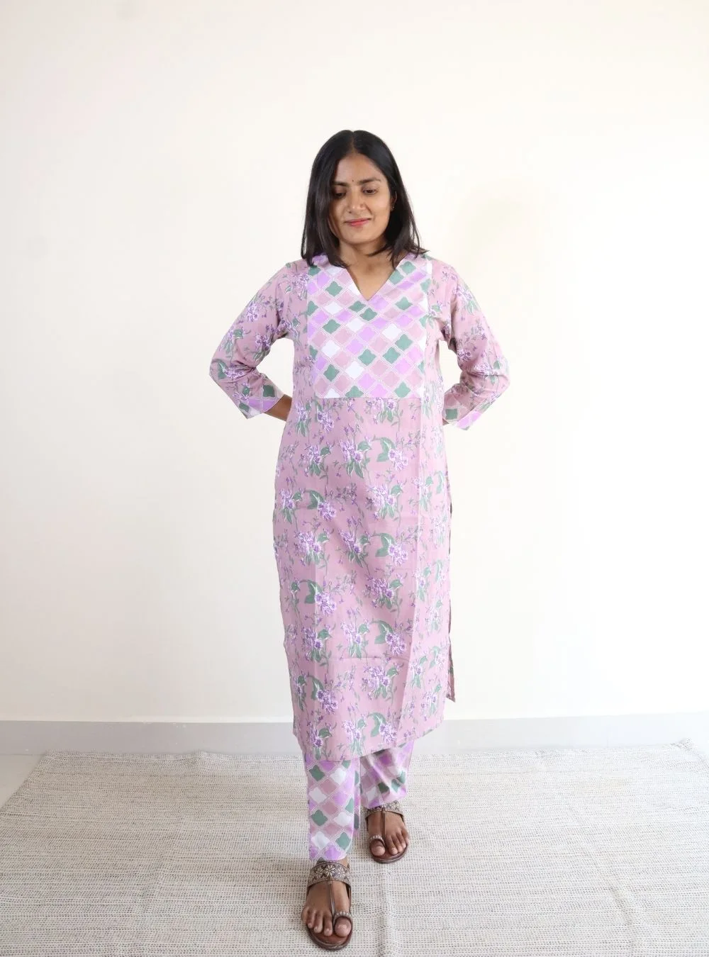 muted pink coloured floral print kurta set