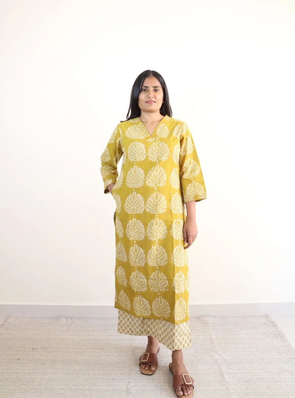 ochre yellow coloured dabu print kurta set