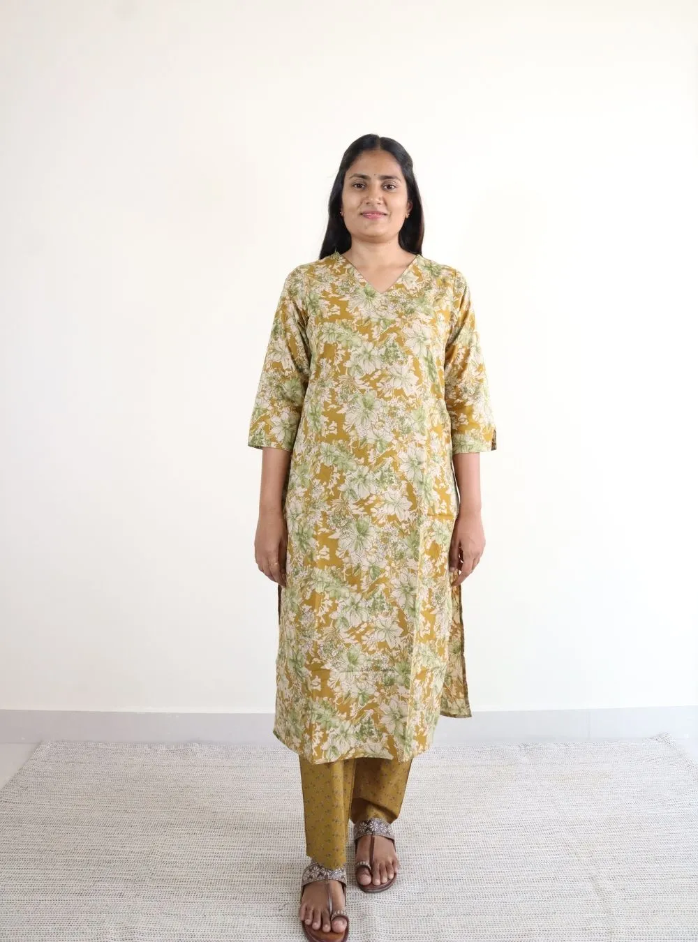 ochre yellow coloured floral print kurta set