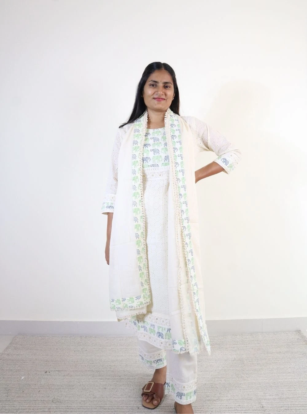 off white coloured cotton kurta set with dupatta