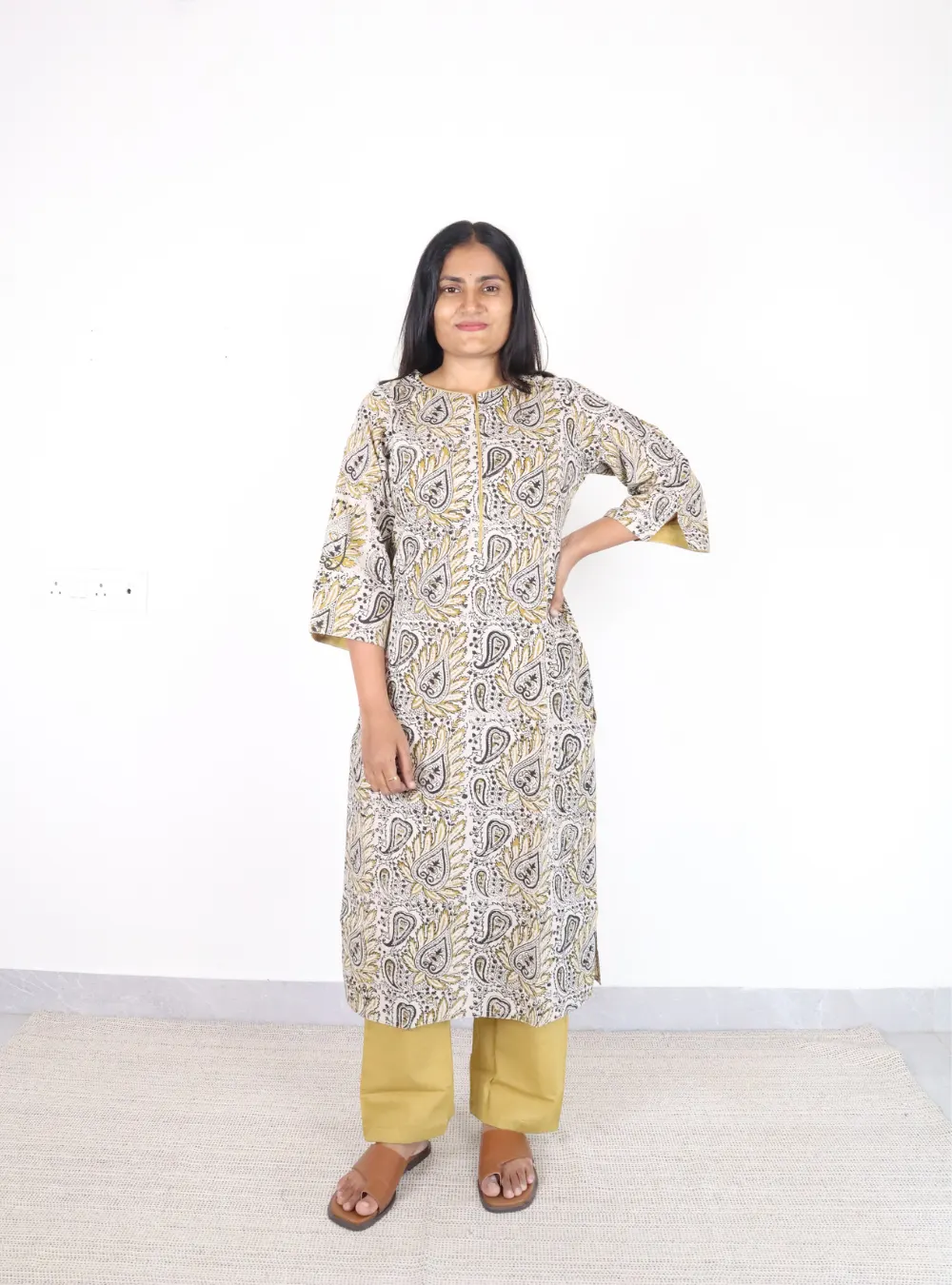 off white coloured yellow floral print kurta set
