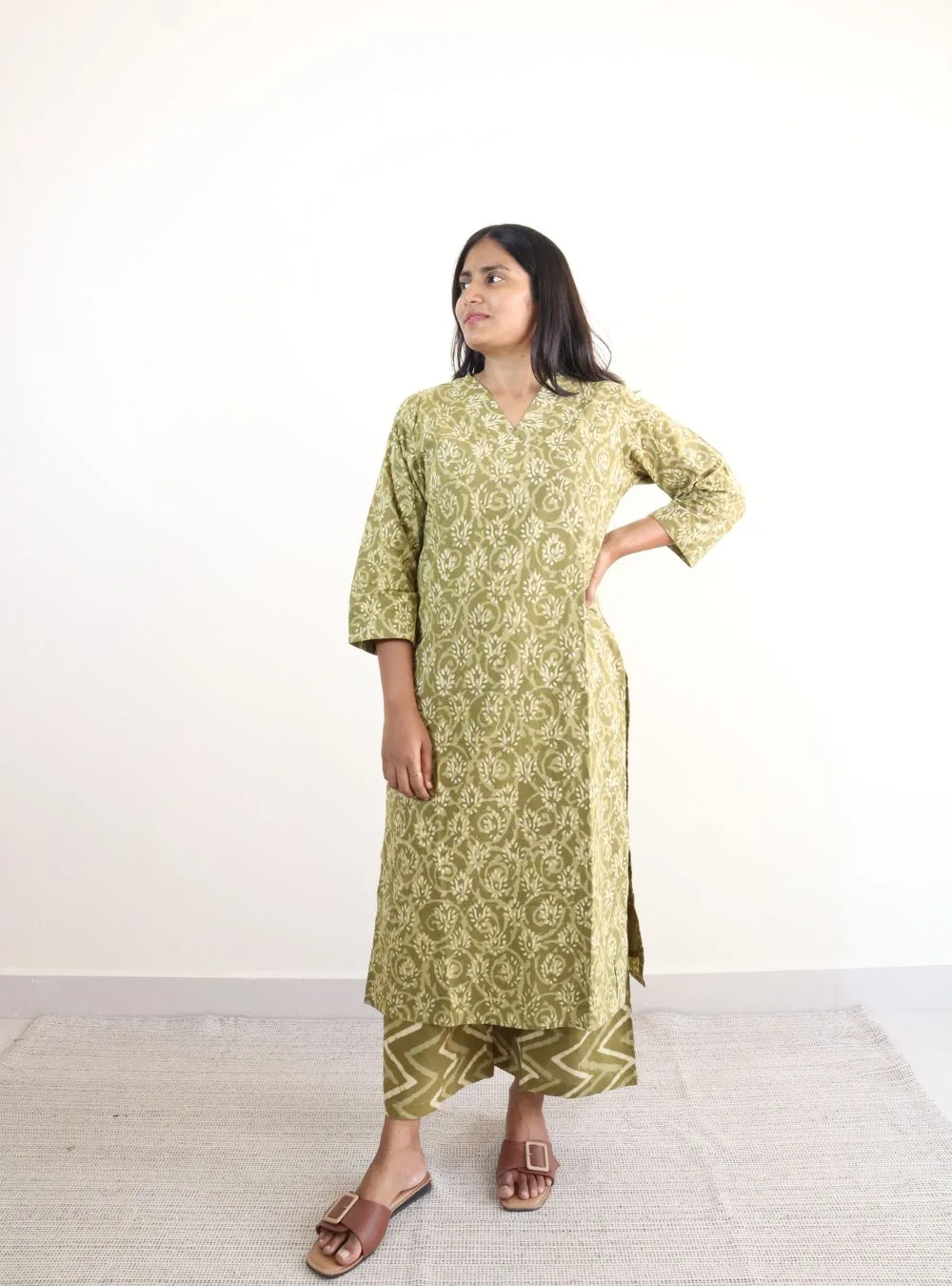 olive green coloured printed cotton kurta set