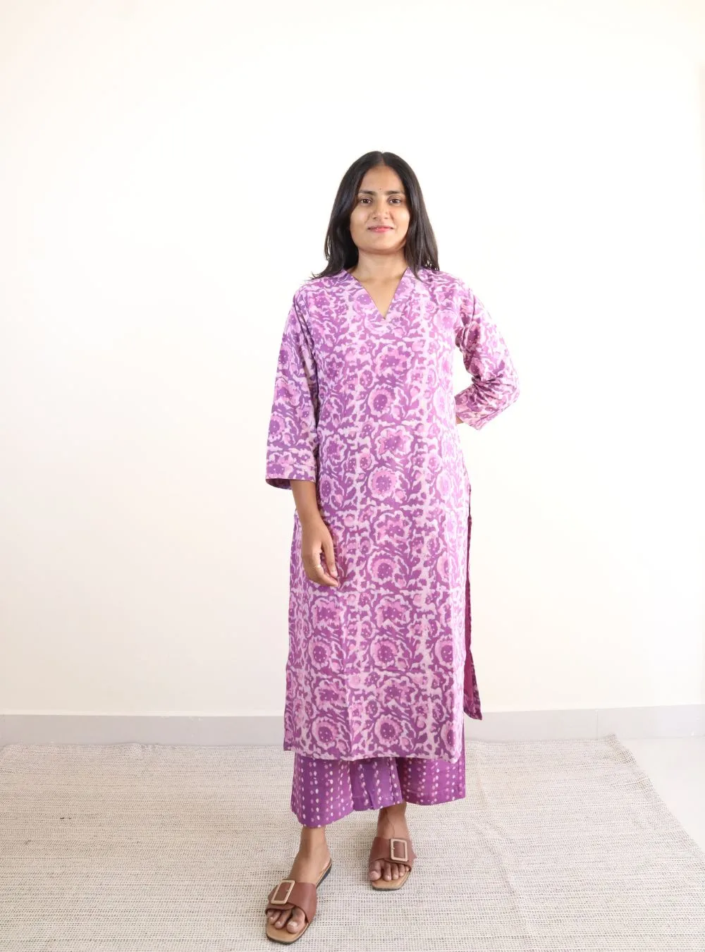 pink coloured dabu print kurta set