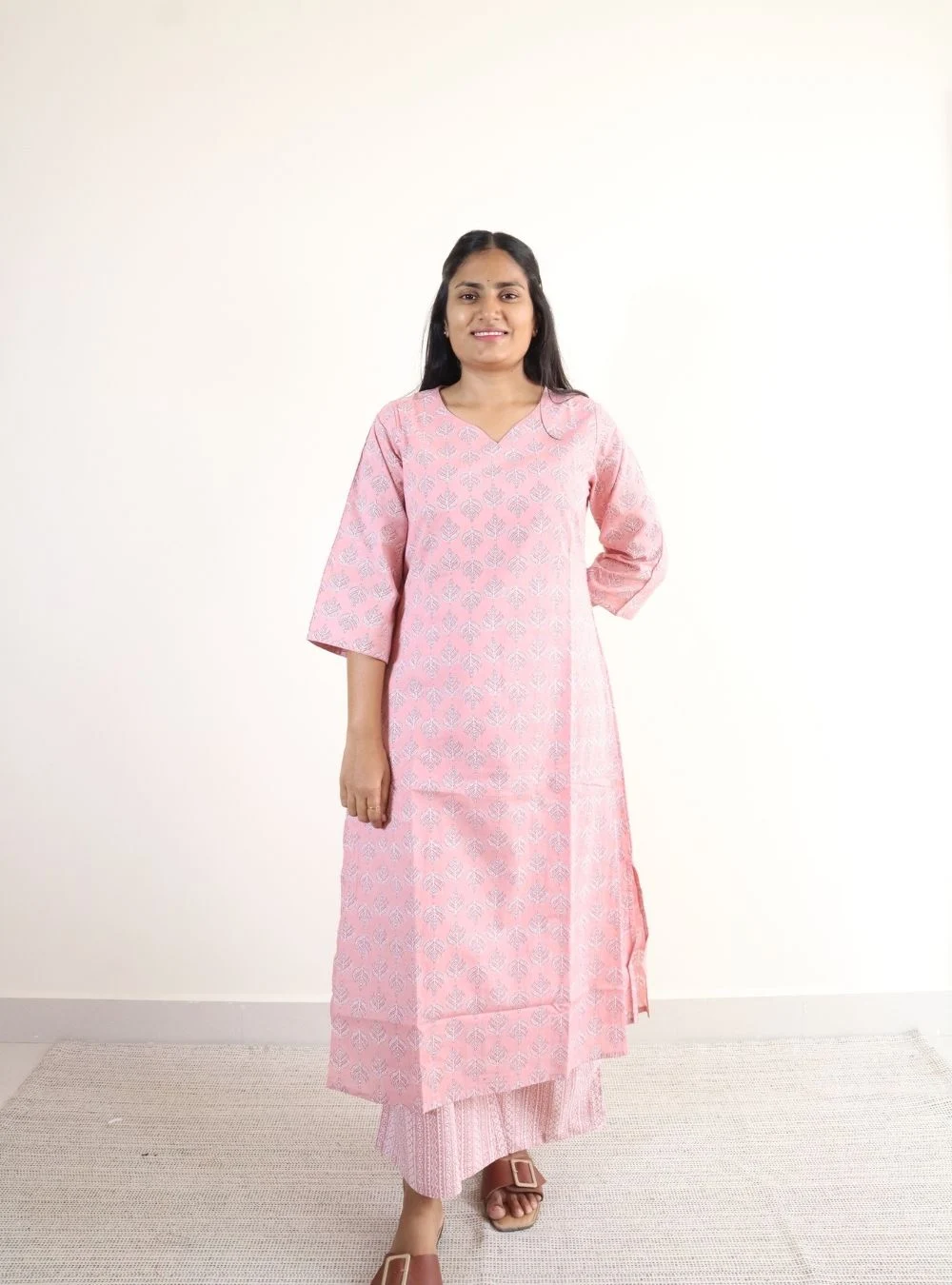 pink coloured floral a line kurta set