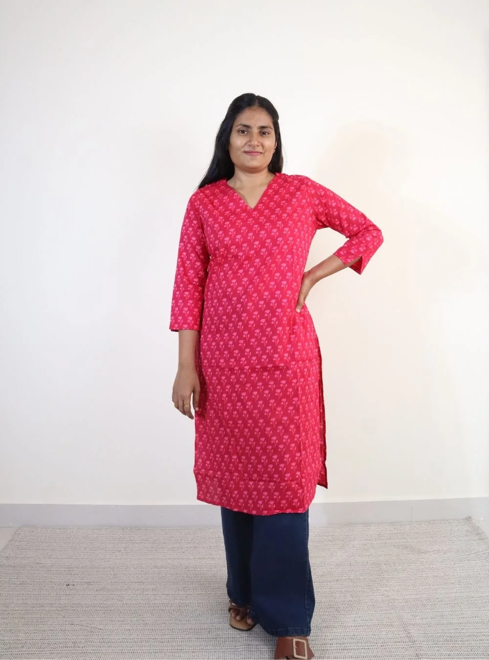 pink coloured floral print cotton kurti