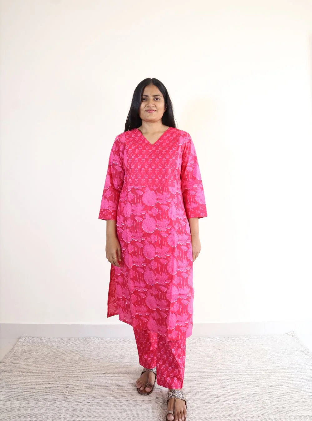 pink coloured floral print kurta set