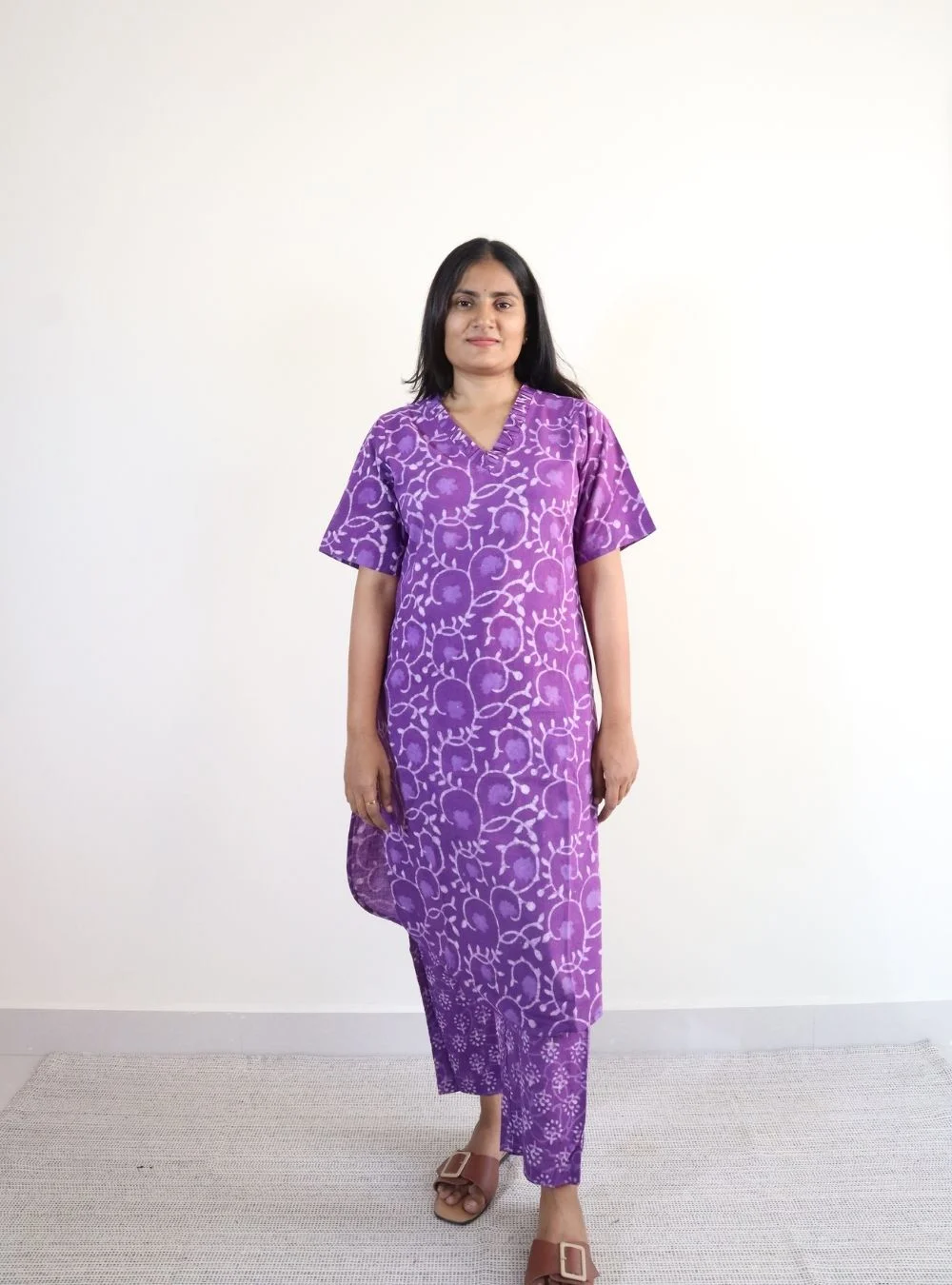 purple coloured dabu print kurta set