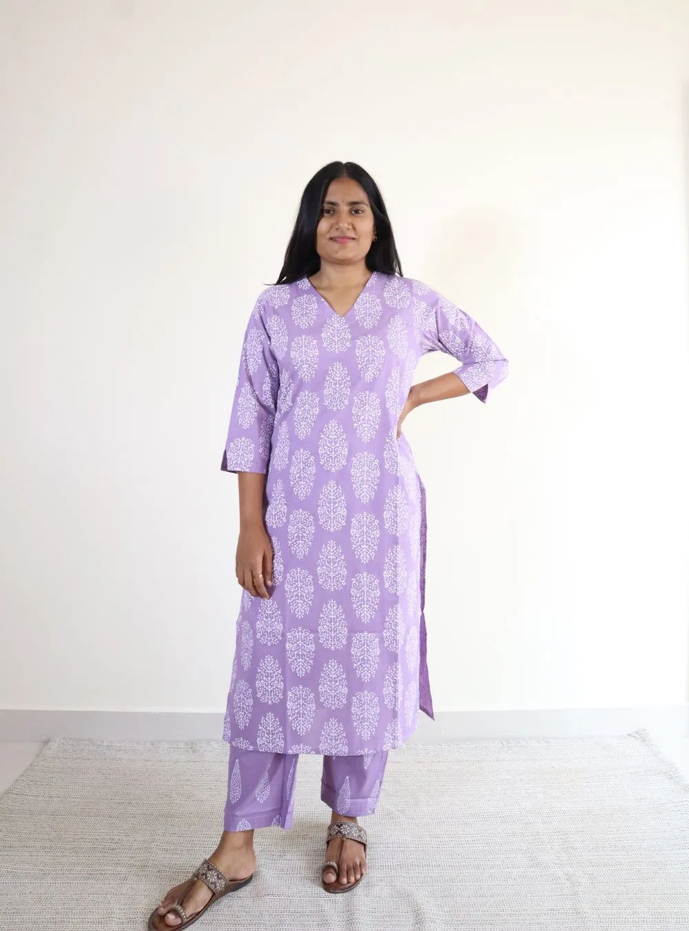 purple coloured printed cotton kurta set
