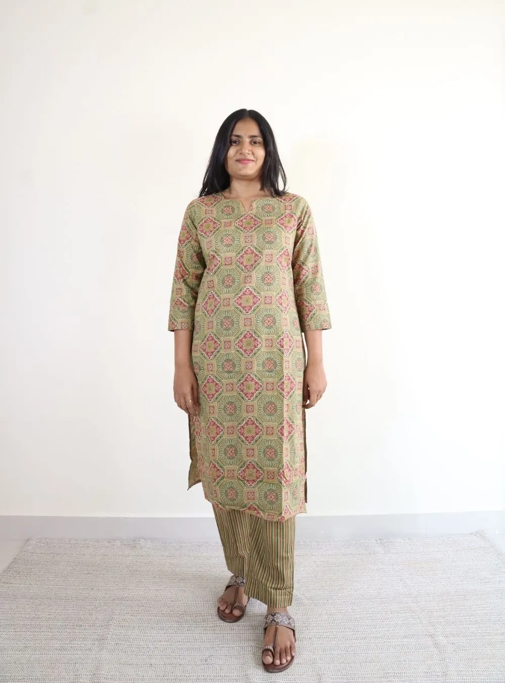 rich dark gold coloured ajrakh print cotton kurta set