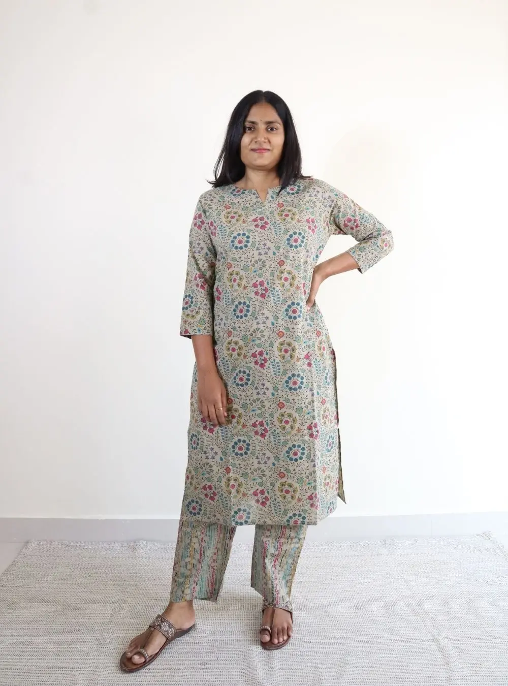 sand coloured floral print kurta set