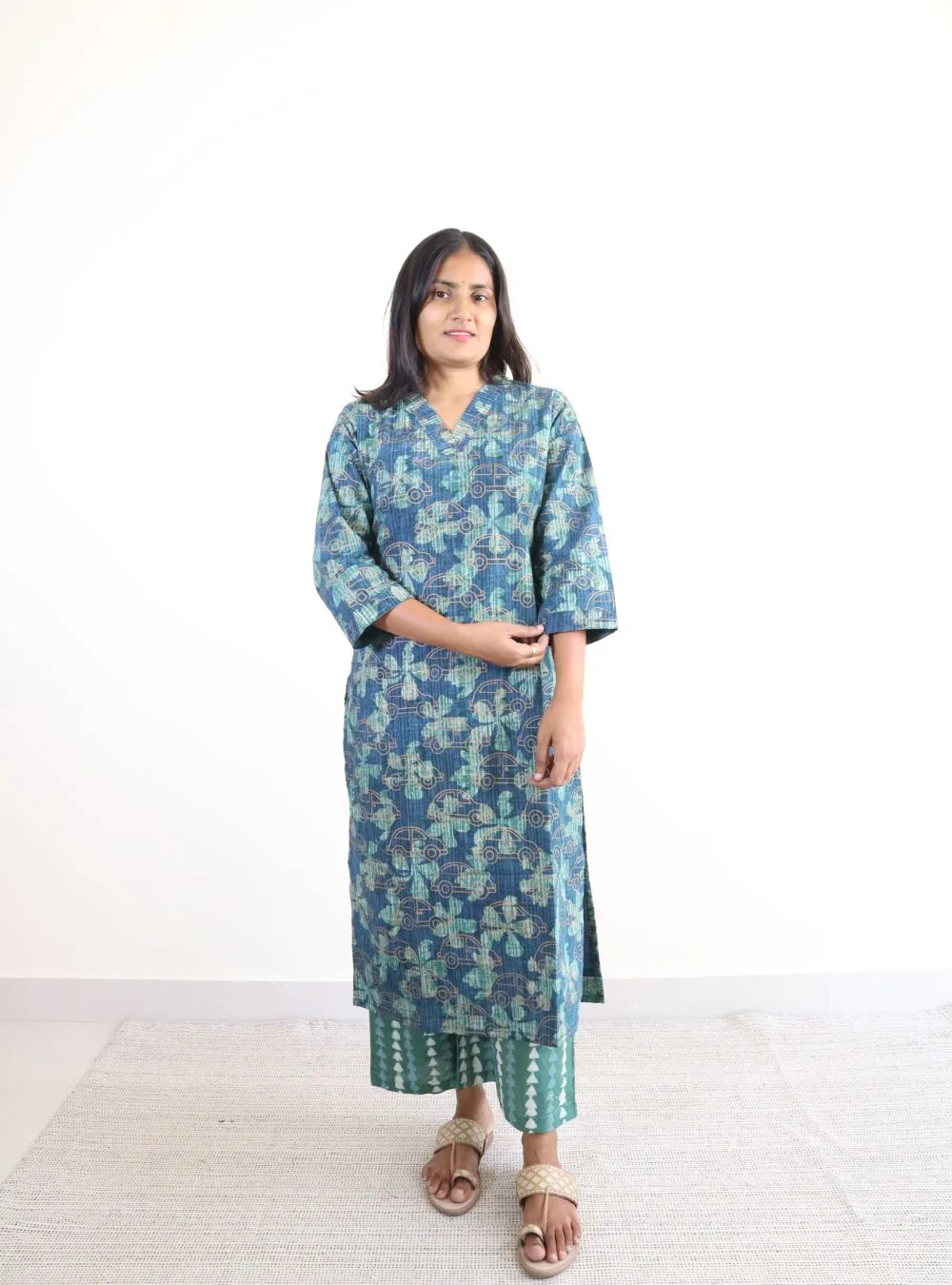 sea green coloured printed cotton kurta set