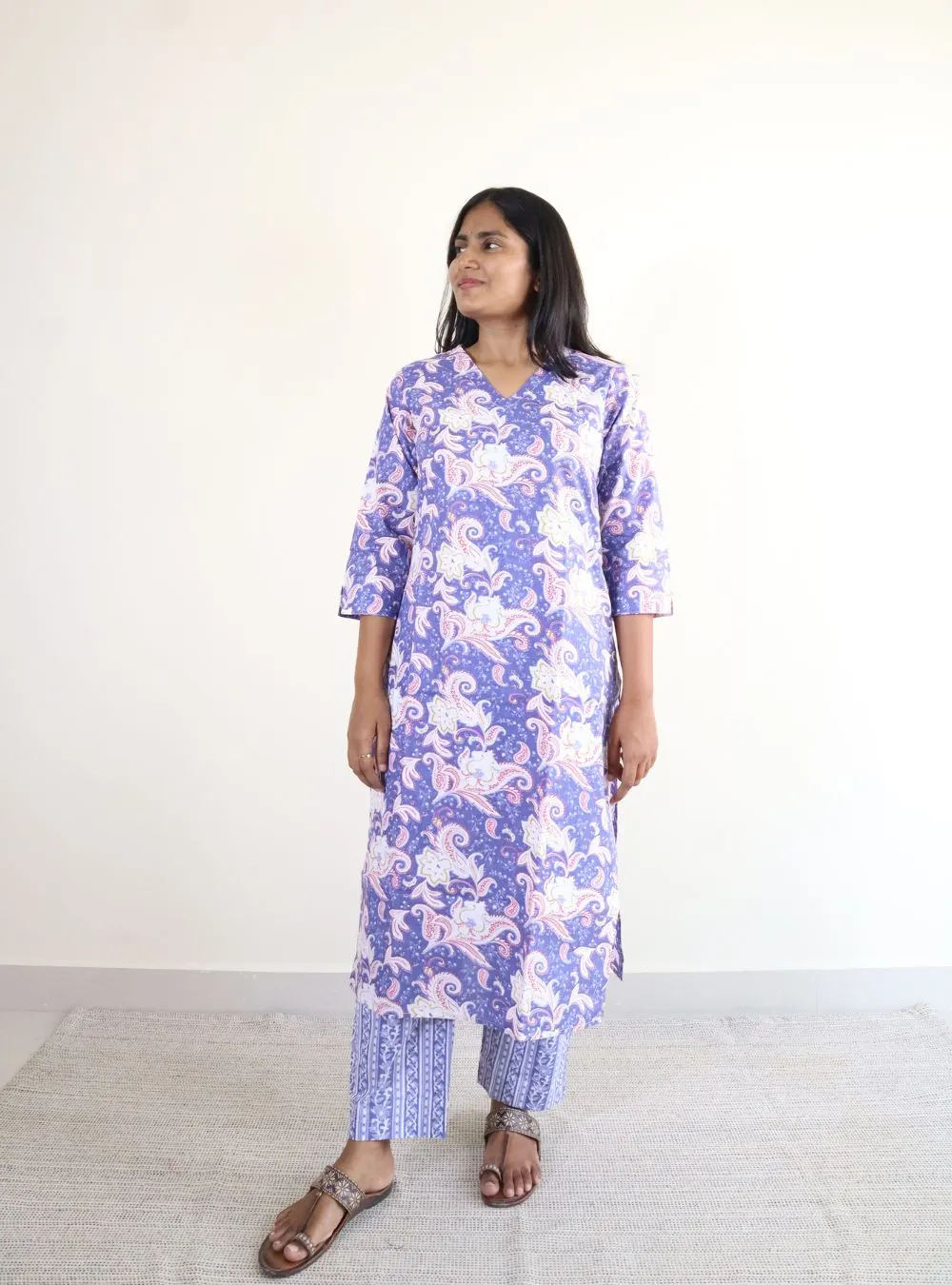 voilet coloured floral print kurta set
