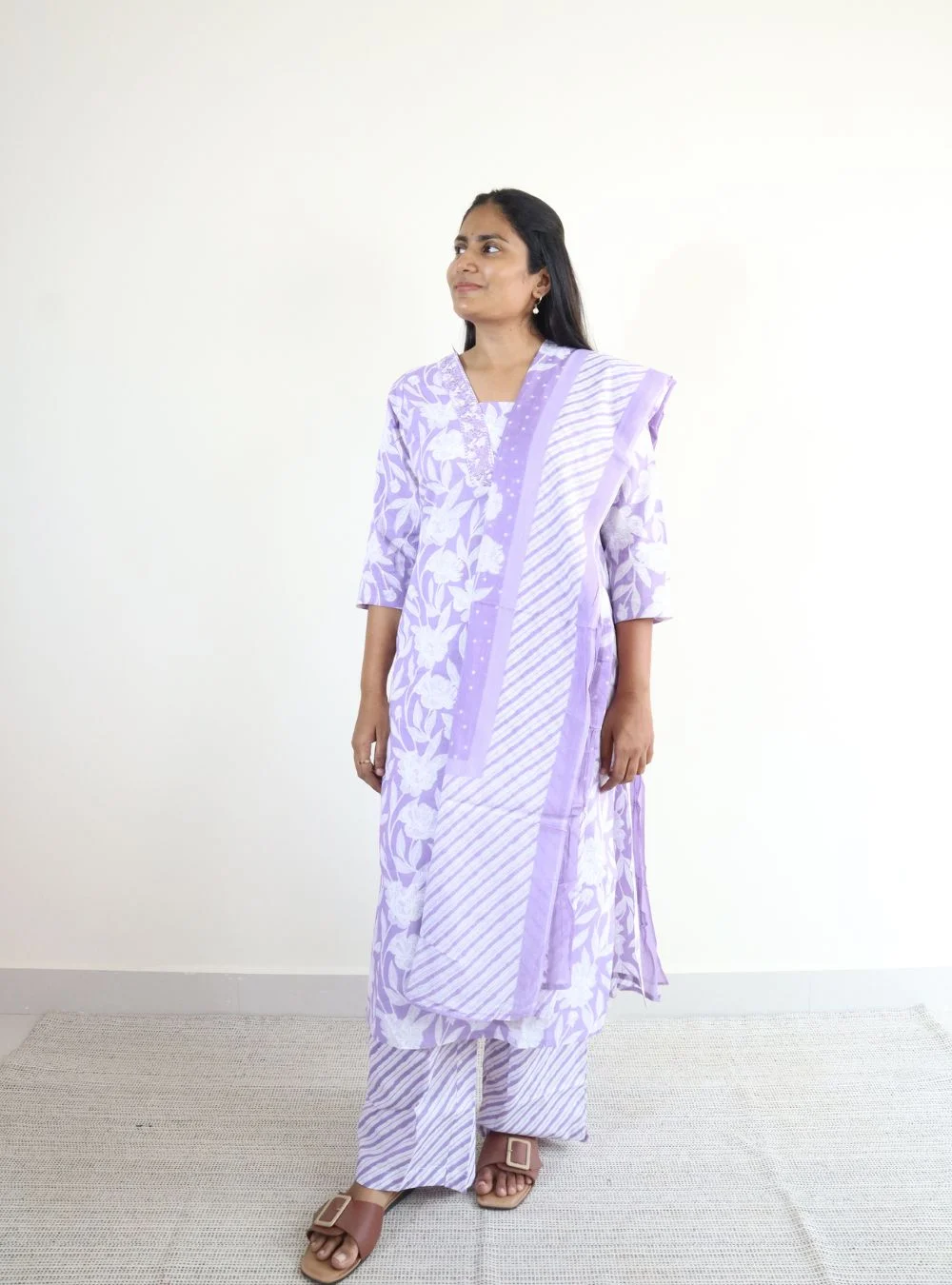 voilet coloured floral print kurta set