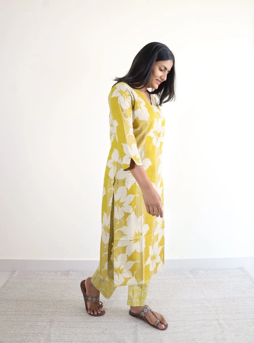 yellow coloured floral print kurta set