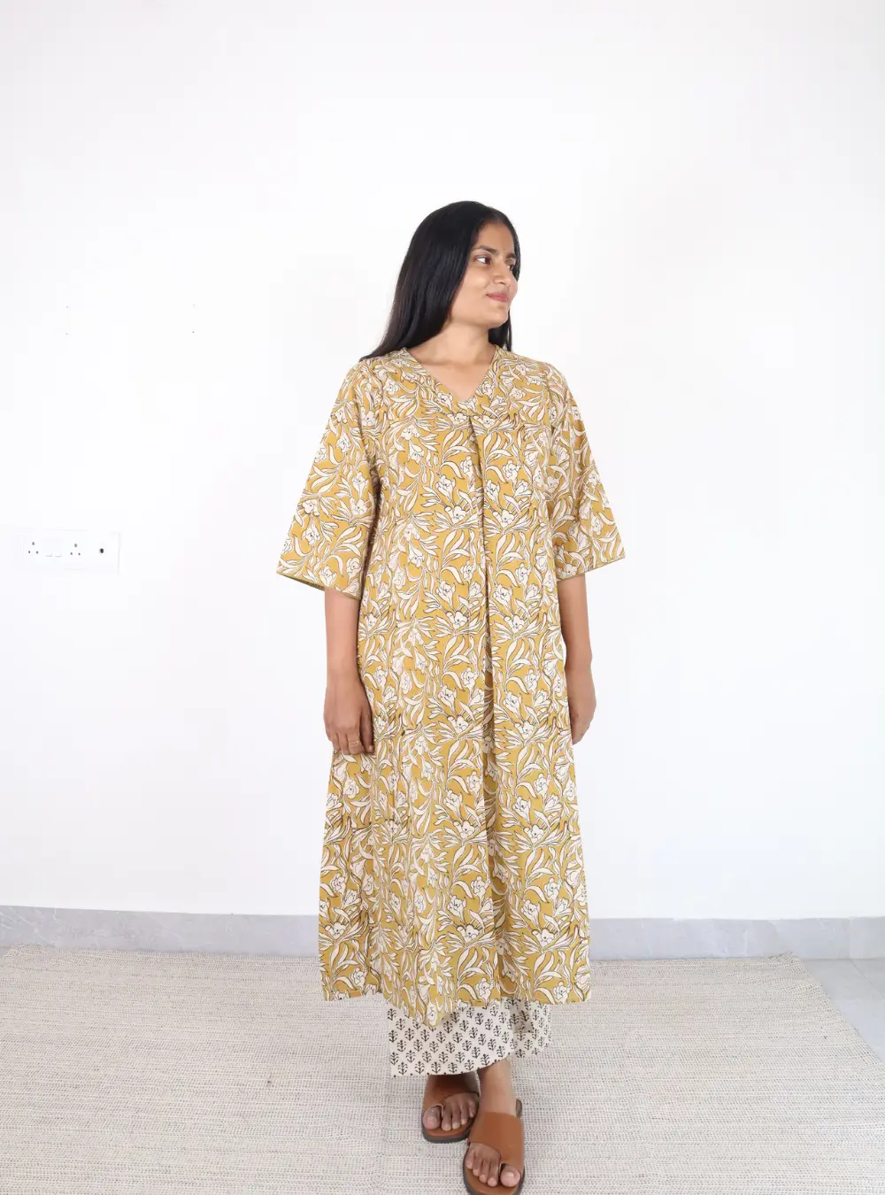 yellow coloured printed cotton kurta set