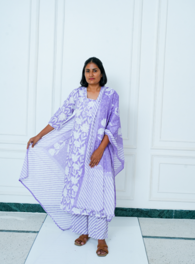 Violet Floral Print Cotton Kurta Set