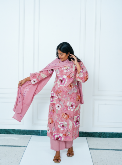 Peach Floral Print Cotton Kurta Set