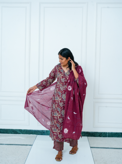 Wine Floral Print Cotton Kurta Set
