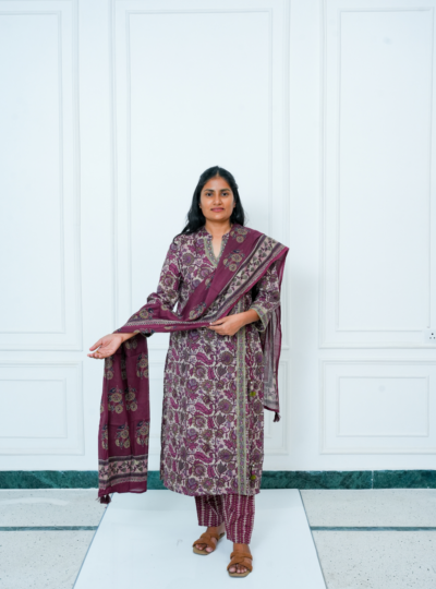 Dark Wine Angrakha style Cotton kurta Set